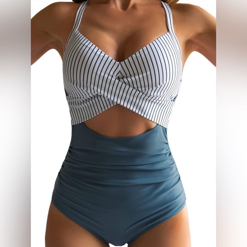 Eomenie tummy control Striped and Teal One-Piece Swimsuit‎ 2XL